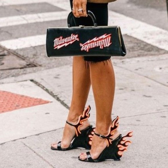 NEW๐ฅ Flame Accent Ankle Strap High Wedge Heel Sandals Open Toe Mary-Jane - Picture 2 of 3